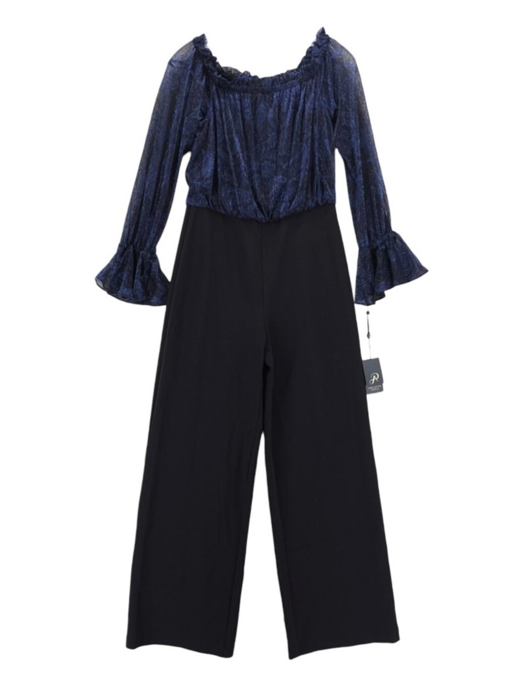 NWT ADRIANNA PAPELL Crinkle Crepe Jumpsuit Off Shoulder Metallic Navy Black 14